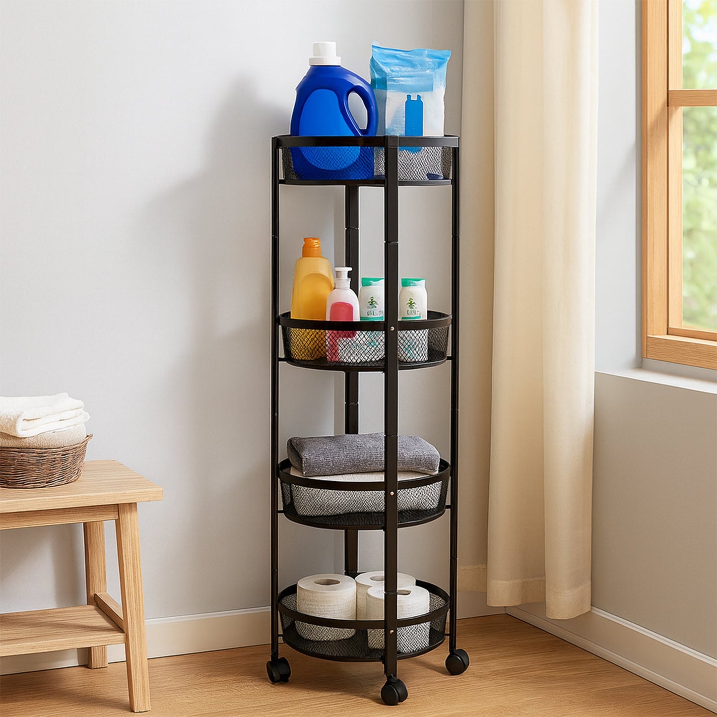 4-Layer Round Metal Folding Storage Trolley with Mesh Baskets and Wheels – Multi-Purpose Organizer Rack (1 Pc)