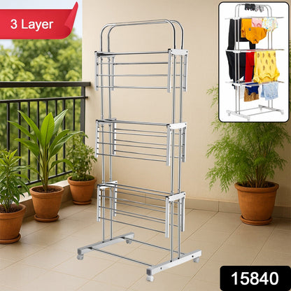 3 Layer Foldable Stainless Steel Cloth Drying Stand with Wheels