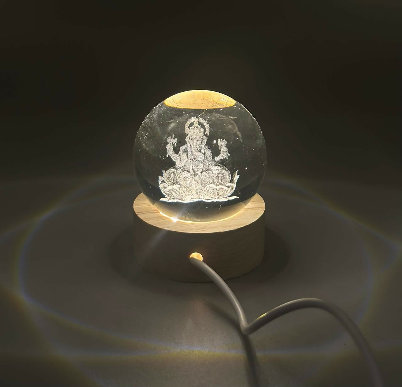 3D Crystal Ganesha LED Night Lamp Crystal Ball Night Lamp,Creative Engraved Crystal Ball Night Light, USB Table LED Wooden Crystal Ball for Home Office Decoration Birthday Gift Adults, Ganesh Ganesha