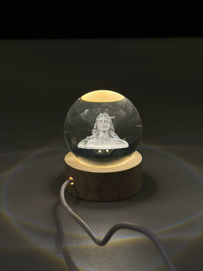 3D Crystal Glass Shiva Sculpture LED Night Lamp with Wooden Base – Illuminated Adiyogi Bust Decorative Light for Meditation, Spiritual Home Décor, and Gift Purposes