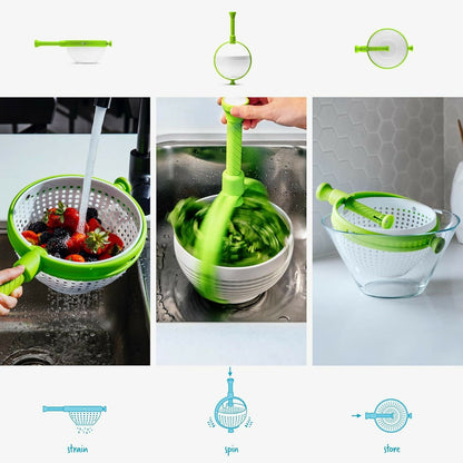 360° Rotating Salad Spinner with Handle | Multi-Function Vegetable Fruit Dryer Basket with Drain Holes | Manual Handheld Spin Dryer Bowl for Washing, Rinsing, Drying Lettuce, Herbs, Greens, and Fruits | BPA-Free Plastic Kitchen Colander
