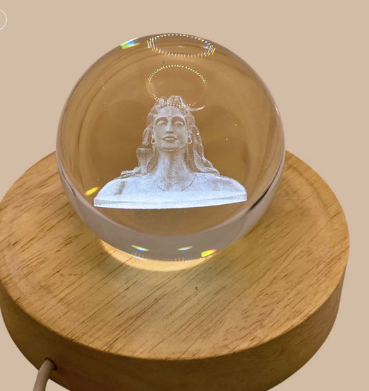 3D Crystal Glass Shiva Sculpture LED Night Lamp with Wooden Base – Illuminated Adiyogi Bust Decorative Light for Meditation, Spiritual Home Décor, and Gift Purposes