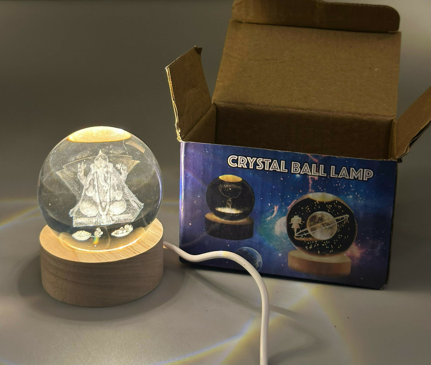 3D Crystal Glass Ball with LED Wooden Base – Engraved Lord Ganesha Decorative Night Light – Spiritual Gift for Home, Mandir, Diwali, Office Desk, and Meditation Décor